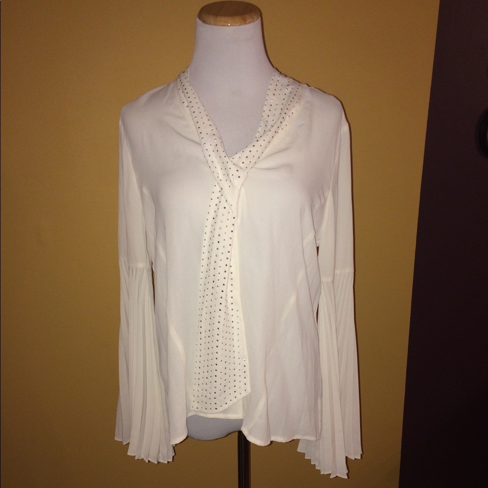 NWT White Pleated Sleeve Blouse with Emb Tie-Neck